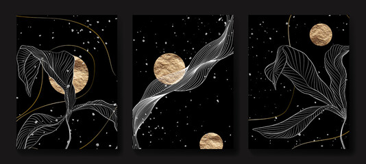 Luxury black and white background with flowers and leaves and golden elements. Art linear modern design for interior decoration, prints, textiles © VectorART