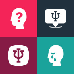 Set pop art Man graves funeral sorrow, Psychology, Psi, and Head with question mark icon. Vector
