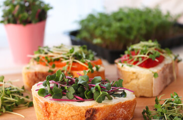 Tasty toasts with microgreens on the table close-up. Healthy, vegan food and dieting concept. Selective focus