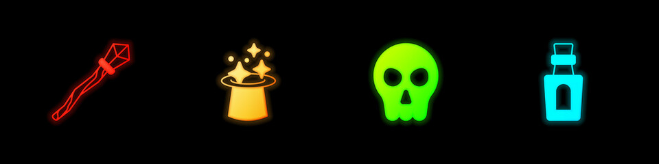 Set Magic staff, hat, Skull and Bottle with potion icon. Vector