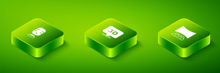 Set Isometric 3D word, Cinema auditorium with screen and Microphone icon. Vector