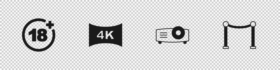 Set Plus 18 movie, Screen tv with 4k, Movie, film, media projector and Rope barrier icon. Vector