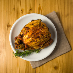 top view plate with roast chicken on wooden table