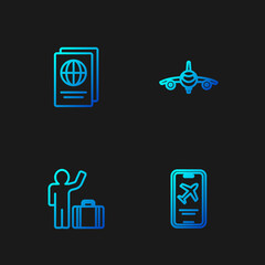 Set line Mobile with ticket, Tourist suitcase, Passport and Plane. Gradient color icons. Vector