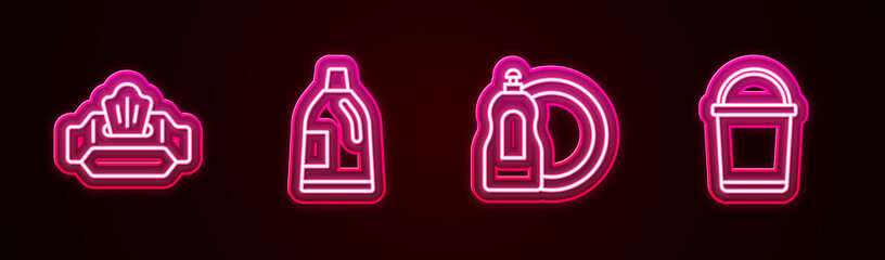 Set line Wet wipe pack, Bottle for cleaning agent, Dishwashing liquid bottle and Bucket. Glowing neon icon. Vector
