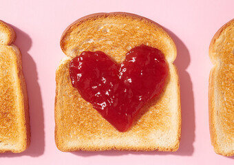 Toast with Heart Shaped Jam Closeup From Above