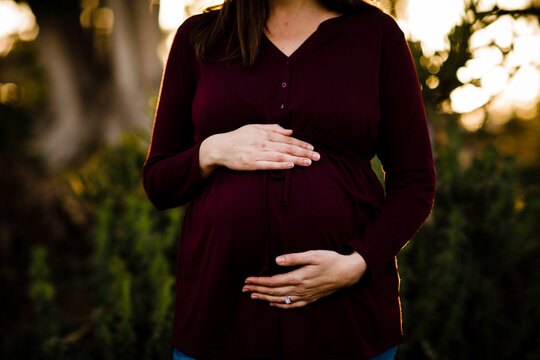 Close Up of Baby Bump in Garden During Sunset in San Diego
