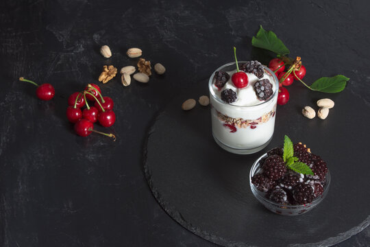 Yogurt cream with flakes, nuts and fruits for the diet