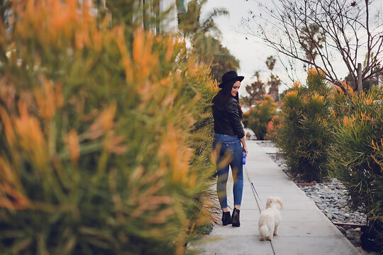 Young woman walking with her little dog on an urban setting.
