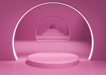 Podium with pink color geometric shape, minimalist mockup for showcase, 3d rendering.