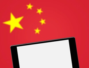 Blank screen seen on smartphone and blurred flag of China on the background.