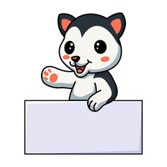 Obraz na płótnie Canvas Cute little husky dog cartoon with blank sign
