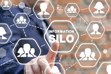 Concept of information silo. Disparate big data storage, communicaton and processing. Shattered...