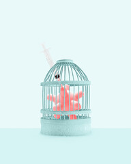 Coronavirus model isolated in the cage received vaccine. Minimal abstract arrangement on pastel...