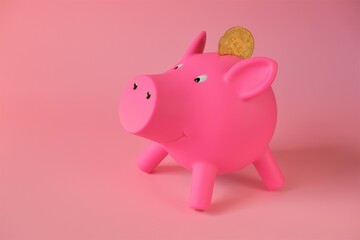 Pig piggy bank and bitcoin.Cryptocurrency storage and accumulation.