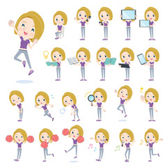 スマートフォンなどのデジタル機器を持つスポーツウエアを着た金髪アメリカ人女性のセット