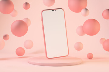 Smartphone with pastel pink floating spheres