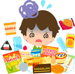 ジャンクフードに埋まり目を回す男の子