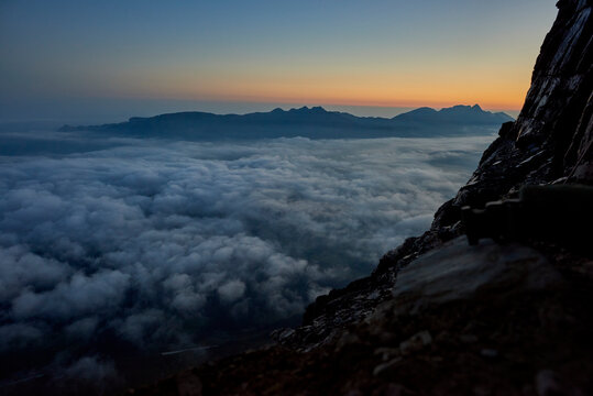 Sunrise landcape view with fog from Eiger North Face, Jungfrau, Swiss
