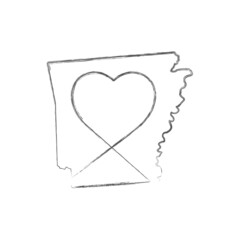 Arkansas US state hand drawn pencil sketch outline map with heart shape. Continuous line drawing of patriotic home sign. A love for a small homeland. T-shirt print idea. Vector illustration.