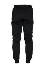 Blank training jogger pants color black on invisible mannequin template back view on white background
