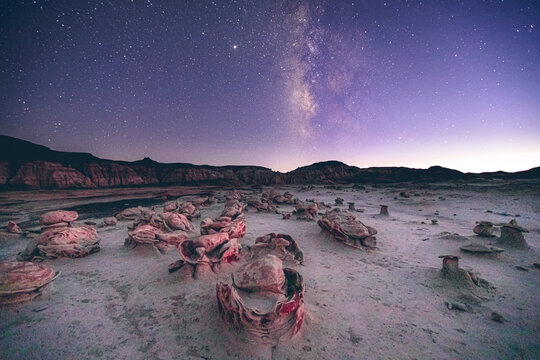 Famous mudstone "Alien Eggs" formation under the Milky Way, New Mexico