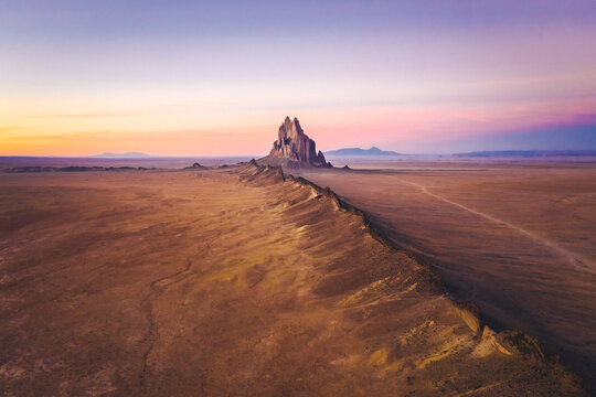 Shiprock mountain in the sunset light from above, New Mexico