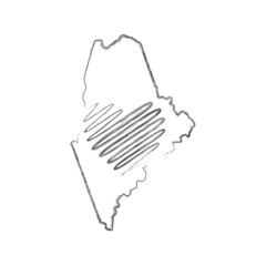 Maine US state hand drawn pencil sketch outline map with heart shape. Continuous line drawing of patriotic home sign. A love for a small homeland. T-shirt print idea. Vector illustration.