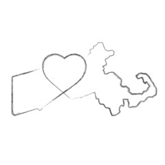 Massachusetts US state hand drawn pencil sketch outline map with heart shape. Continuous line drawing of patriotic home sign. A love for a small homeland. T-shirt print idea. Vector illustration.