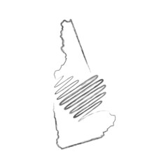 New Hampshire US state hand drawn pencil sketch outline map with heart shape. Continuous line drawing of patriotic home sign. A love for a small homeland. T-shirt print idea. Vector illustration.