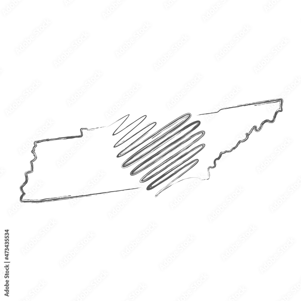 Poster tennessee us state hand drawn pencil sketch outline map with heart shape. continuous line drawing of