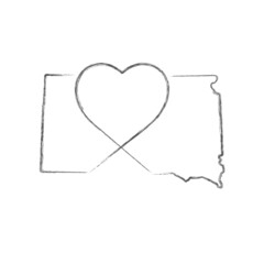 South Dakota US state hand drawn pencil sketch outline map with heart shape. Continuous line drawing of patriotic home sign. A love for a small homeland. T-shirt print idea. Vector illustration.