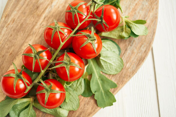 cherry tomatoes lettuce leaves wooden board fresh food