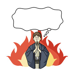 手を合わせて祈っている着物姿の男性と吹き出し