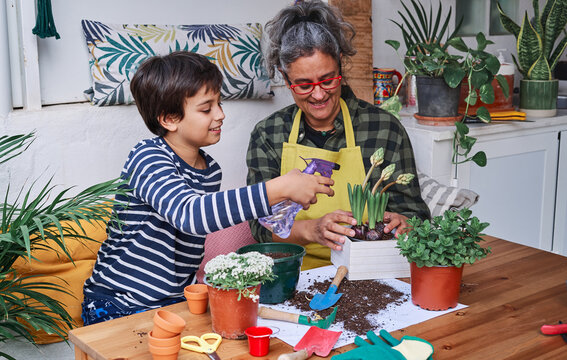 Child learning with his mother to moisten the plants of the home garden in springChild learning with his mother to moisten the plants of the home garden in spring