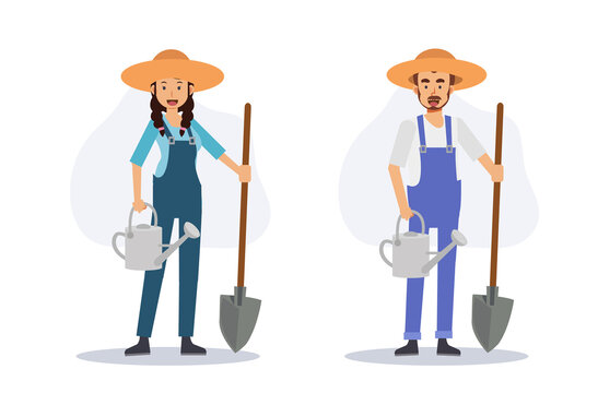 Set of happy smiling farmer with a shovel and watering. Flat vector 2d cartoon character illustration.