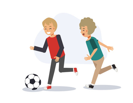 Education sport concept, young kid are playing football,soccer togeteher. Flat vector 2d cartoon character illustration.