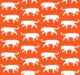 Vector seamless pattern of flat hand drawn tiger silhouette isolated on orange background
