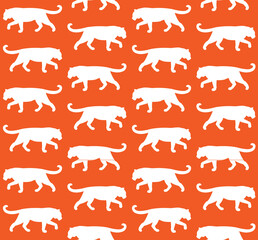 Vector seamless pattern of flat hand drawn tiger silhouette isolated on orange background