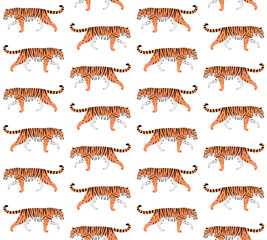 Vector seamless pattern of flat hand drawn tiger isolated on white background