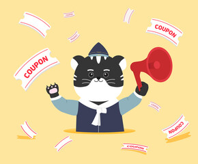 A commercial where a black tiger gives out coupons  illustration set. Megaphone, discount, event, event, pit.
 Vector drawing. Hand drawn style.