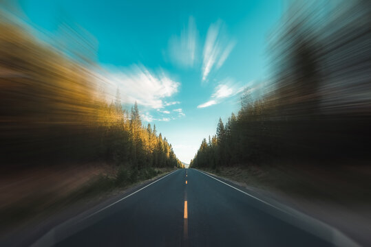  Highway Oregon diminishing perspective at dawn. Selective blur.