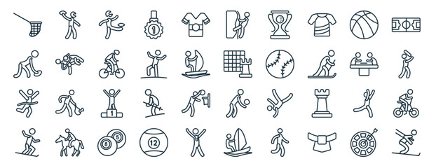 set of 40 flat sports web icons in line style such as american football player playing throwing the ball in his hand, american football player, marathon champion, stick figure on snowboard, board © Digital Bazaar