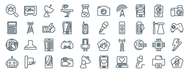 set of 40 flat technology web icons in line style such as electrocardiogram line, calculation, news via satellite, science fiction, lamp post, digital photo camera, camera front view icons for © Digital Bazaar