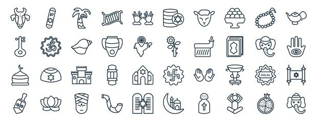 set of 40 flat religion web icons in line style such as mezuzah, sitar, mosque domes, dreidel, elephant, genie lamp, jewish coins icons for report, presentation, diagram, web design