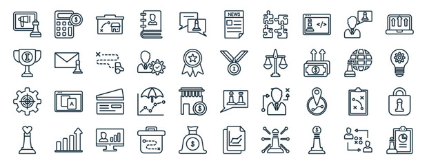 set of 40 flat strategy web icons in line style such as calculating, trophy, focus, heart, , start, newspaper icons for report, presentation, diagram, web design