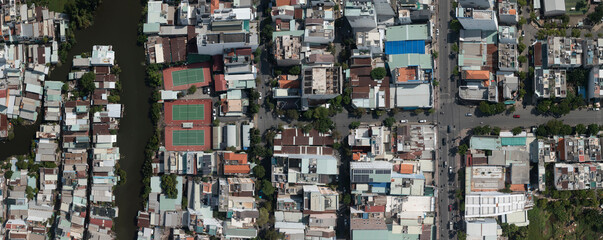 Aerial map panorama of Phu My Hung district of Ho Chi Minh City, Vietnam featuring canal and tennis...