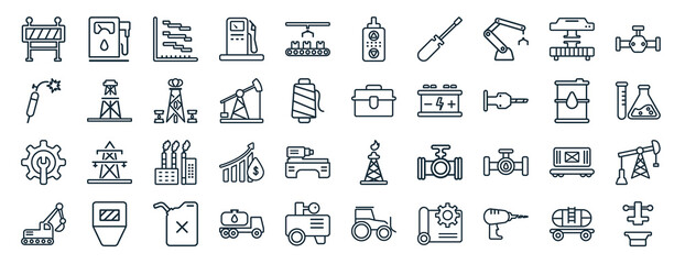 set of 40 flat industry web icons in line style such as fuel station, welding, maintenance, excavator, oil barrel, oil valve, controller icons for report, presentation, diagram, web design