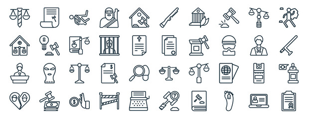 set of 40 flat law and justice web icons in line style such as legal paper, real estate law, counsel, divorce, advocate, crime scene, shotgun icons for report, presentation, diagram, web design