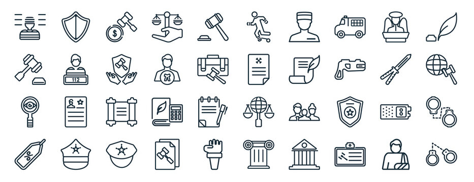 set of 40 flat law and justice web icons in line style such as defense, court, investigation, bargain, butterfly knife, feather pen, escape icons for report, presentation, diagram, web design